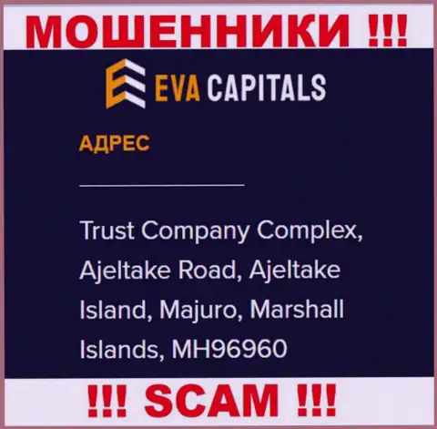 На web-сайте Eva Capitals показан оффшорный официальный адрес организации - Комплекс трастовой компании, Аджелтейк Роад, Аджелтейк Исланд, Маджуро, Маршалловы острова, MH96960, будьте крайне внимательны - это мошенники