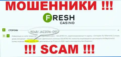 Лицензия, которую мошенники Fresh Casino представили на своем веб-ресурсе