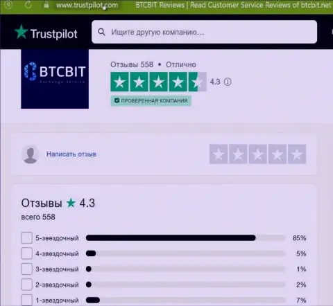 Оценка качества услуг обменки БТКБит на онлайн-ресурсе Трастпилот Ком