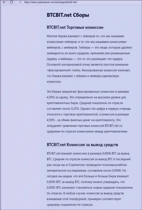 Информационная статья с обзором комиссионных сборов обменки БТК Бит, предоставленная на сайте CryptoWisser Com