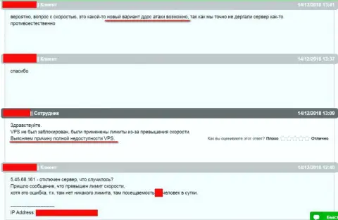 Общение со службой технической поддержки хостинговой компании, где был расположен web-сервис ffin.xyz касательно ситуации с нарушением в работе web-сервера
